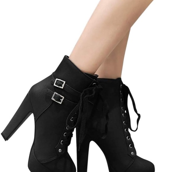 Womens Autumn Lace Up Ankle Buckle High Heel Boots Size 10 Black Platform Boots - Picture 8 of 8